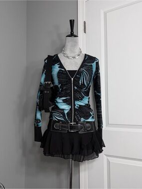 Jaipur Y2K Cyber Punk Blue & Black Graphic Double Zip Jacket